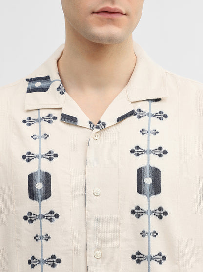 Beige & Blue Jacquard Slim Fit Casual Shirt | JadeBlue