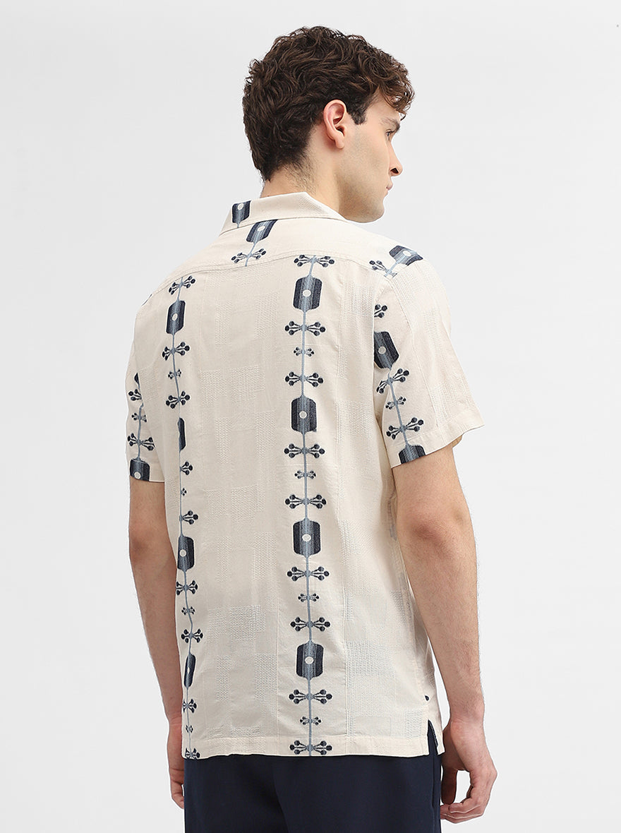 Beige & Blue Jacquard Slim Fit Casual Shirt | JadeBlue
