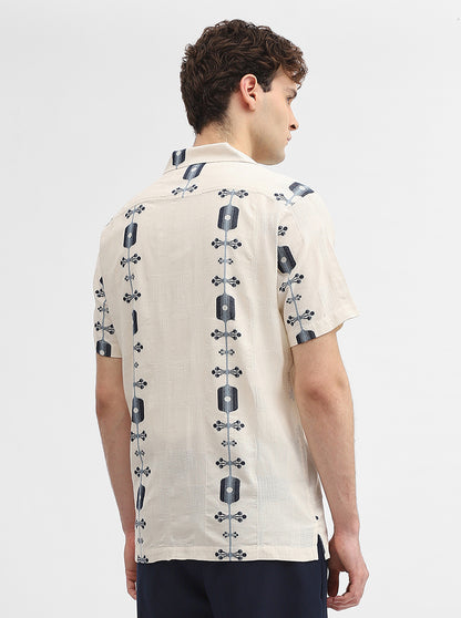 Beige & Blue Jacquard Slim Fit Casual Shirt | JadeBlue