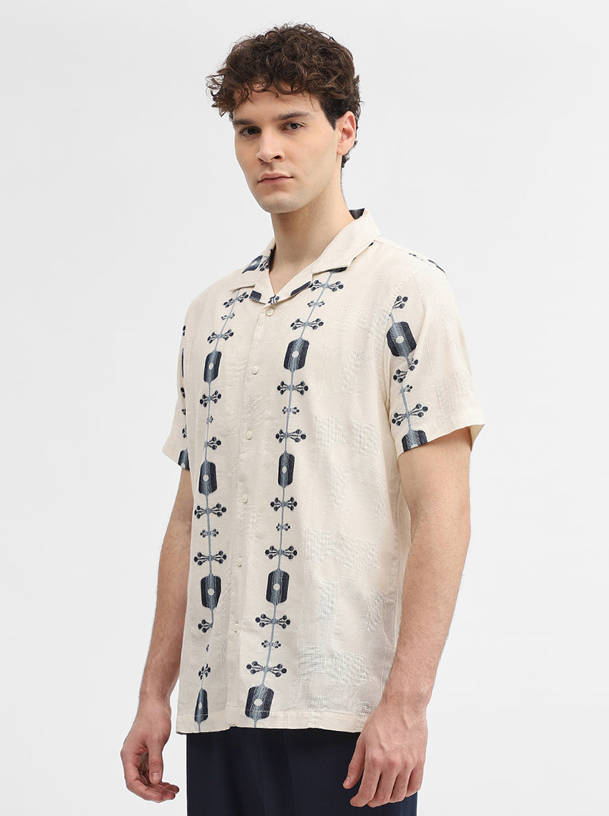 Beige & Blue Jacquard Slim Fit Casual Shirt | JadeBlue