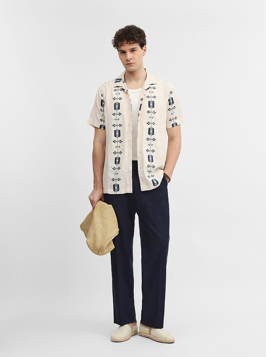 Beige & Blue Jacquard Slim Fit Casual Shirt | JadeBlue