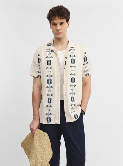 Beige & Blue Jacquard Slim Fit Casual Shirt | JadeBlue