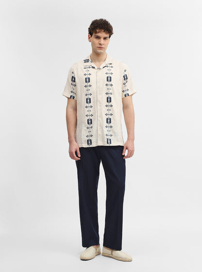 Beige & Blue Jacquard Slim Fit Casual Shirt | JadeBlue