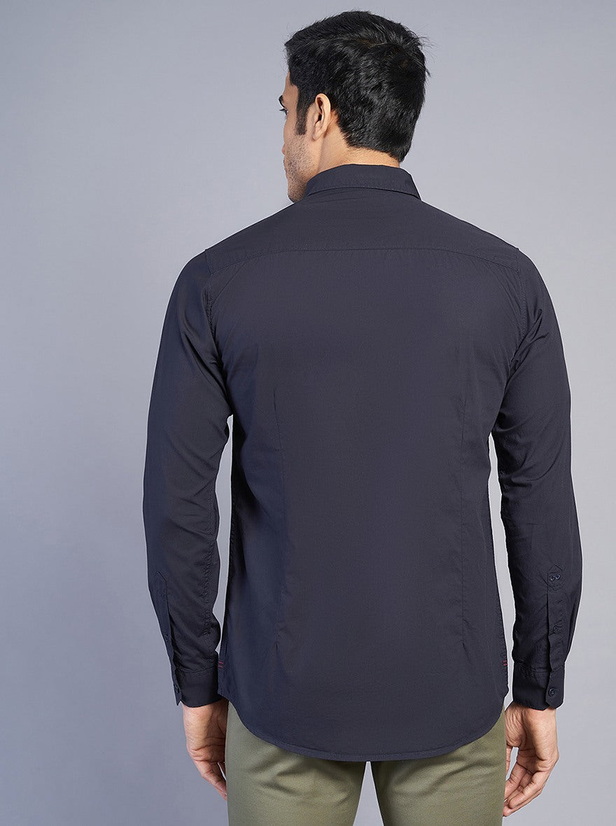 Navy Blue Solid Slim Fit Casual Shirt | JadeBlue