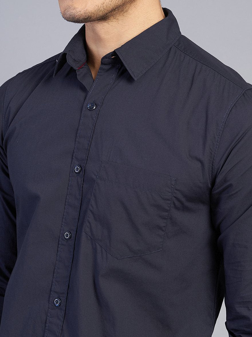 Navy Blue Solid Slim Fit Casual Shirt | JadeBlue