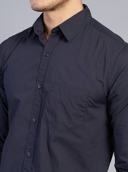 Navy Blue Solid Slim Fit Casual Shirt | JadeBlue