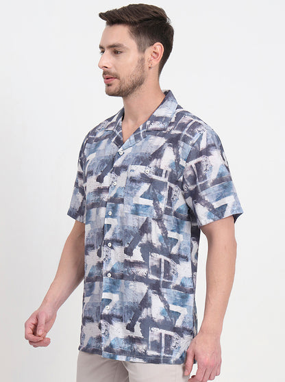 Blue Printed Slim Fit Casual Shirt | JadeBlue