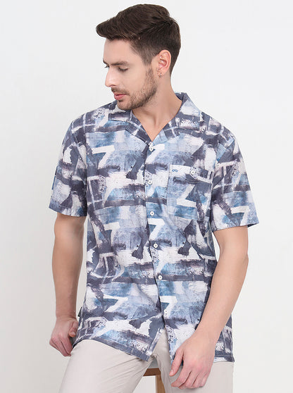 Blue Printed Slim Fit Casual Shirt | JadeBlue