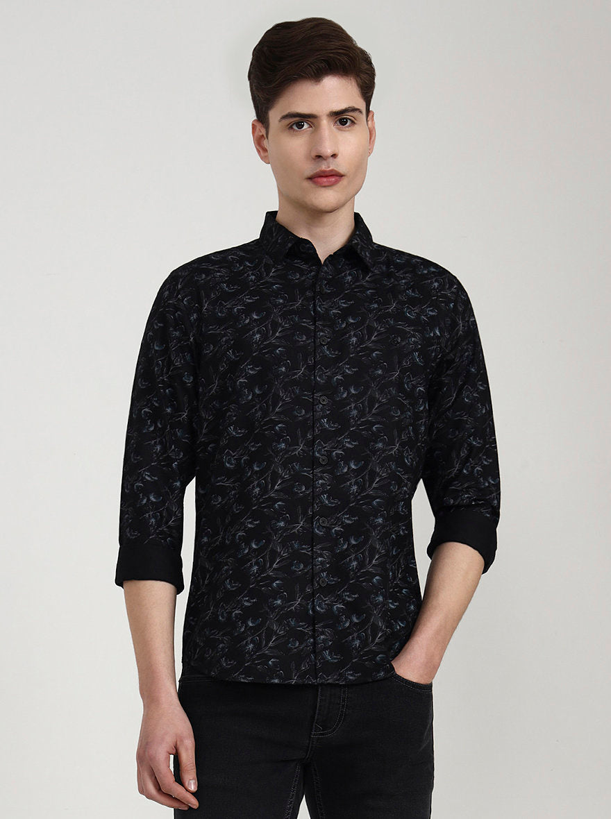 Black Printed Slim Fit Casual Shirt | Greenfibre