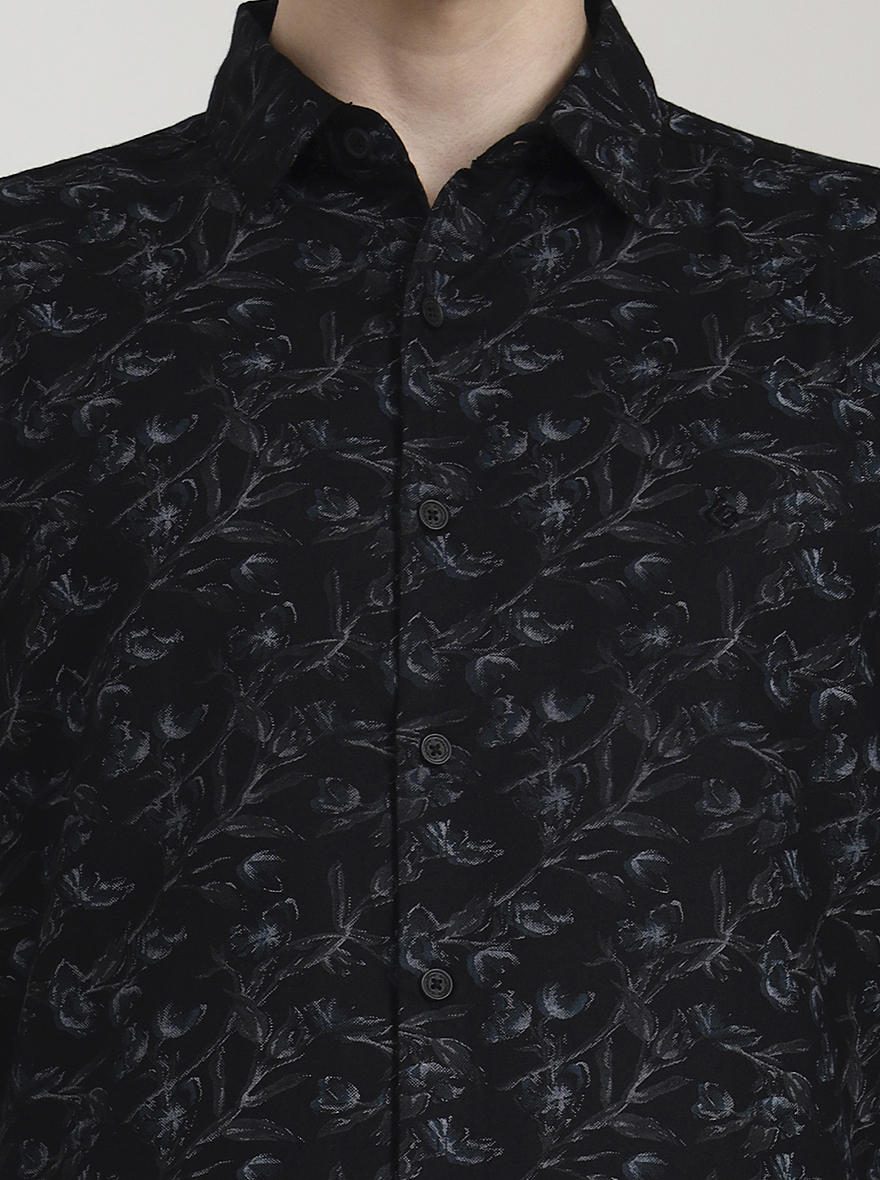 Black Printed Slim Fit Casual Shirt | Greenfibre