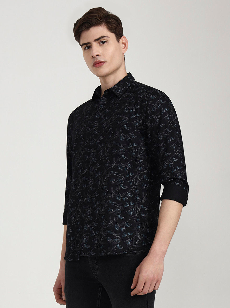 Black Printed Slim Fit Casual Shirt | Greenfibre