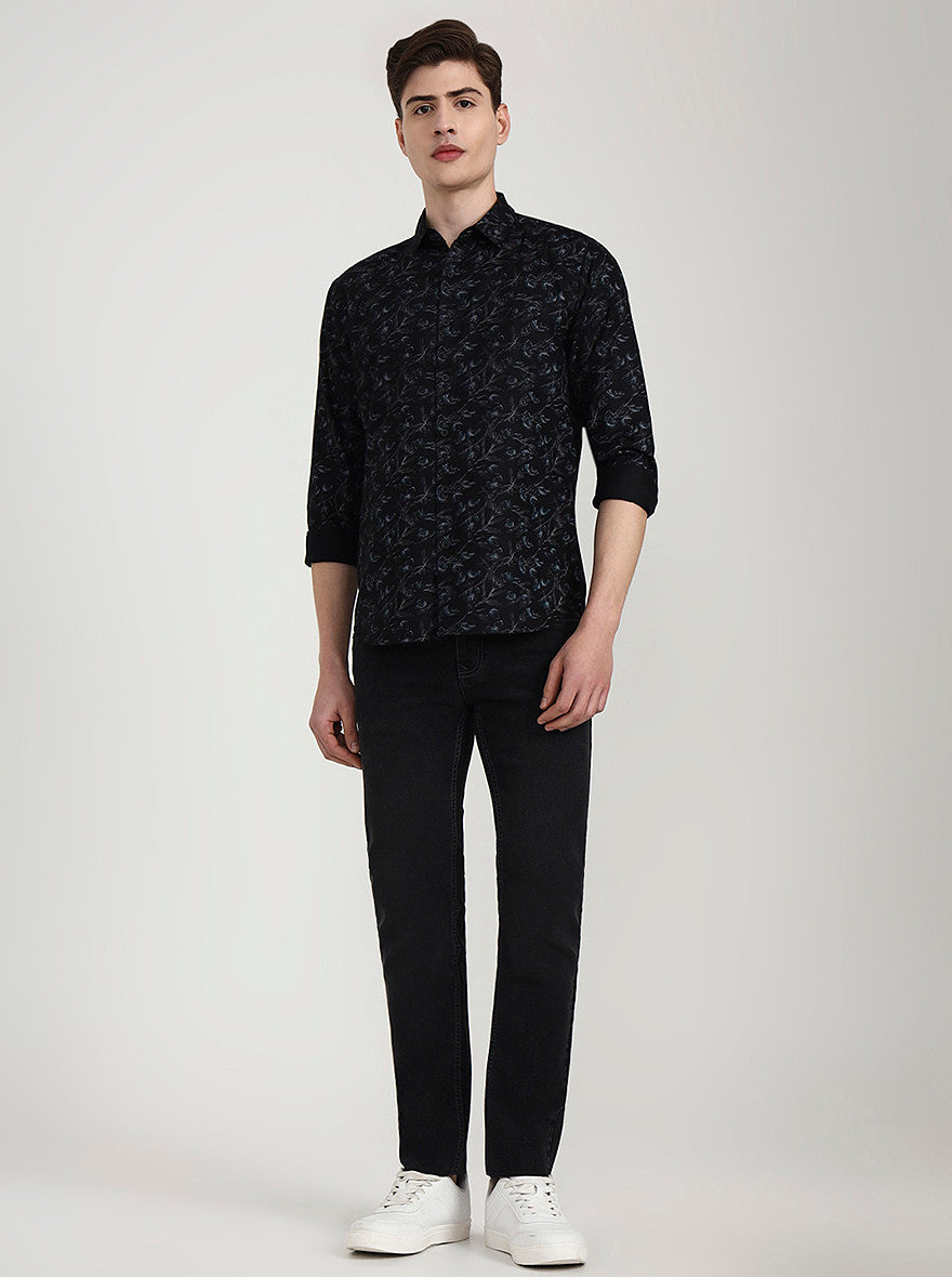 Black Printed Slim Fit Casual Shirt | Greenfibre
