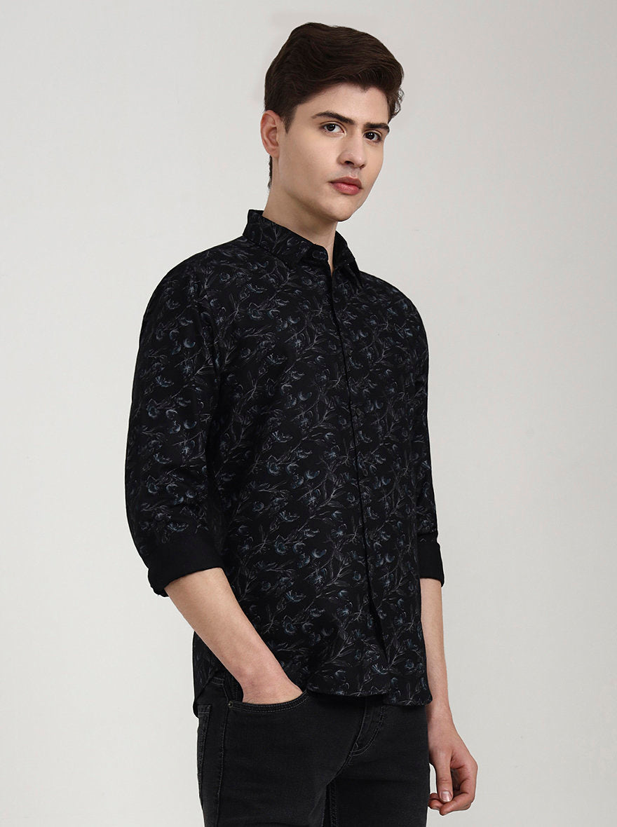 Black Printed Slim Fit Casual Shirt | Greenfibre