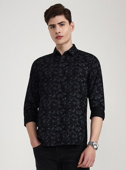 Black Printed Slim Fit Casual Shirt | Greenfibre