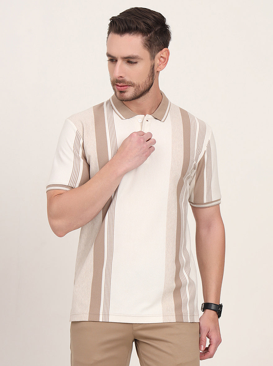 Ecru Melange & Beige Striped Slim Fit Polo T-Shirt | JadeBlue