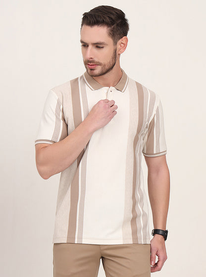Ecru Melange & Beige Striped Slim Fit Polo T-Shirt | JadeBlue