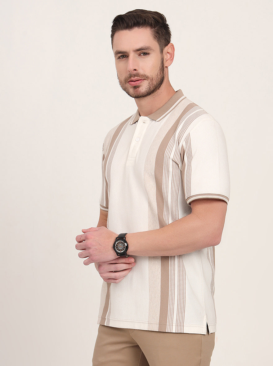 Ecru Melange & Beige Striped Slim Fit Polo T-Shirt | JadeBlue
