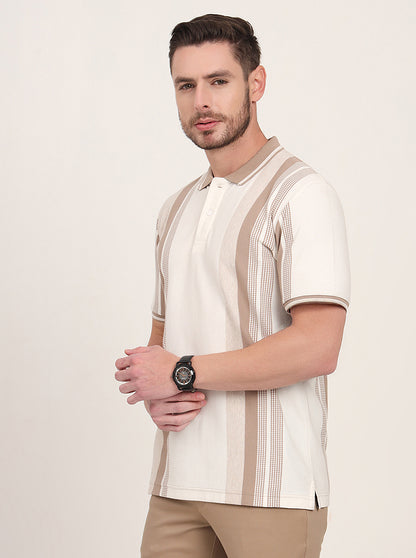 Ecru Melange & Beige Striped Slim Fit Polo T-Shirt | JadeBlue
