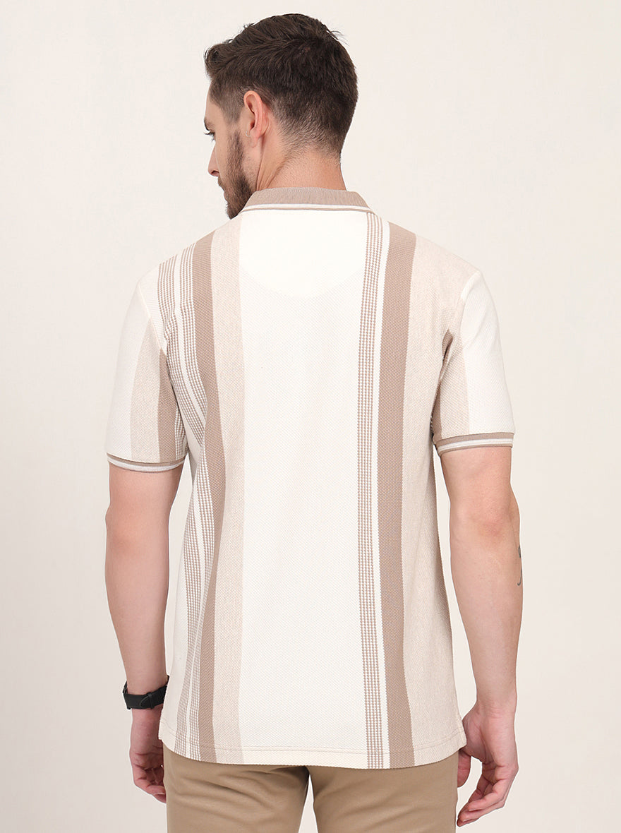 Ecru Melange & Beige Striped Slim Fit Polo T-Shirt | JadeBlue