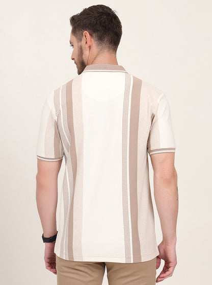 Ecru Melange & Beige Striped Slim Fit Polo T-Shirt | JadeBlue