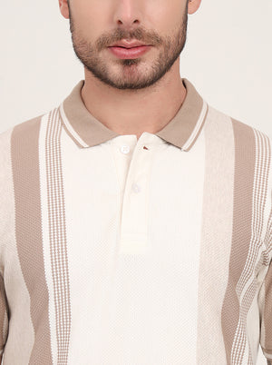 Ecru Melange & Beige Striped Slim Fit Polo T-Shirt | JadeBlue