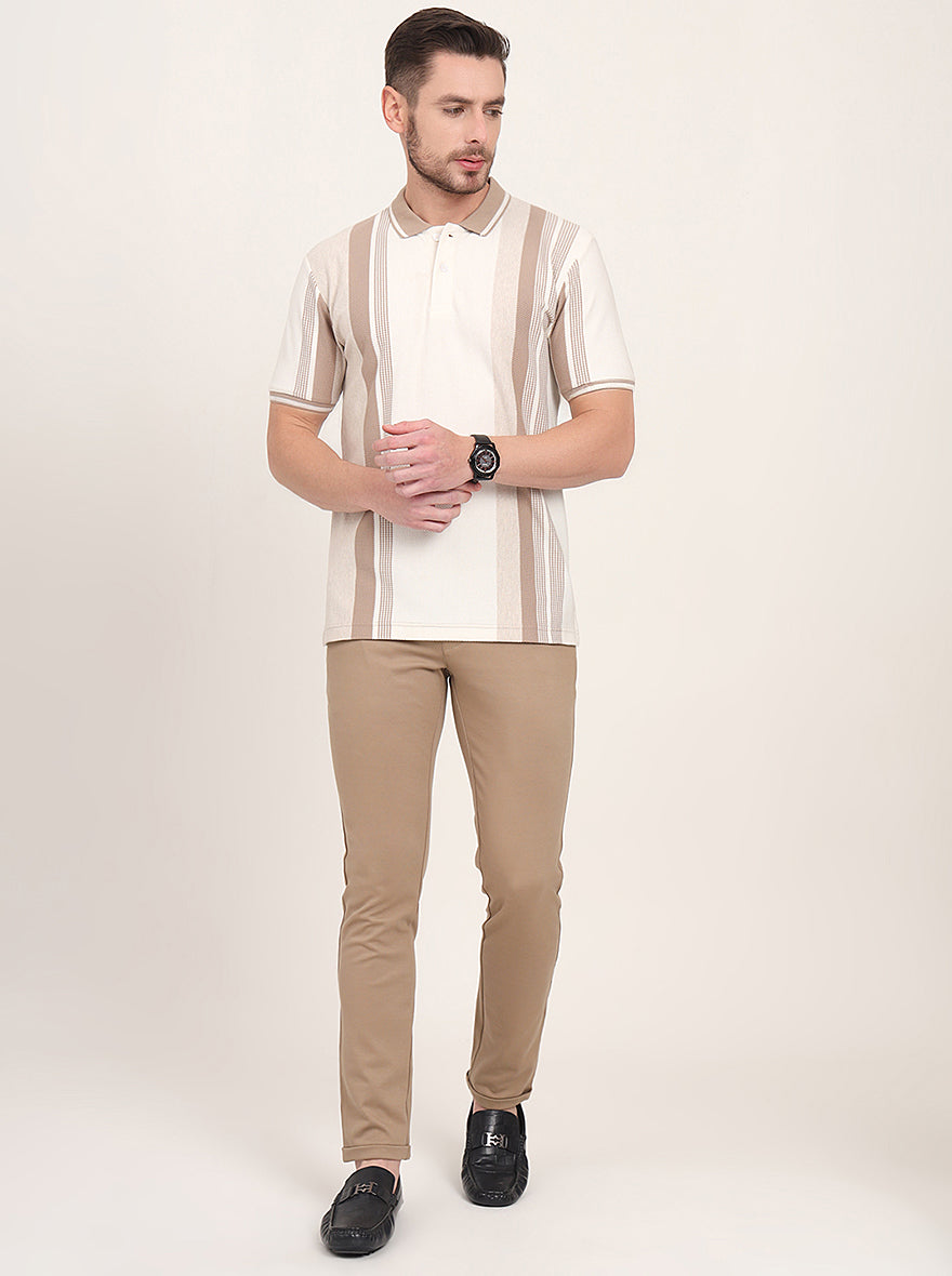 Ecru Melange & Beige Striped Slim Fit Polo T-Shirt | JadeBlue