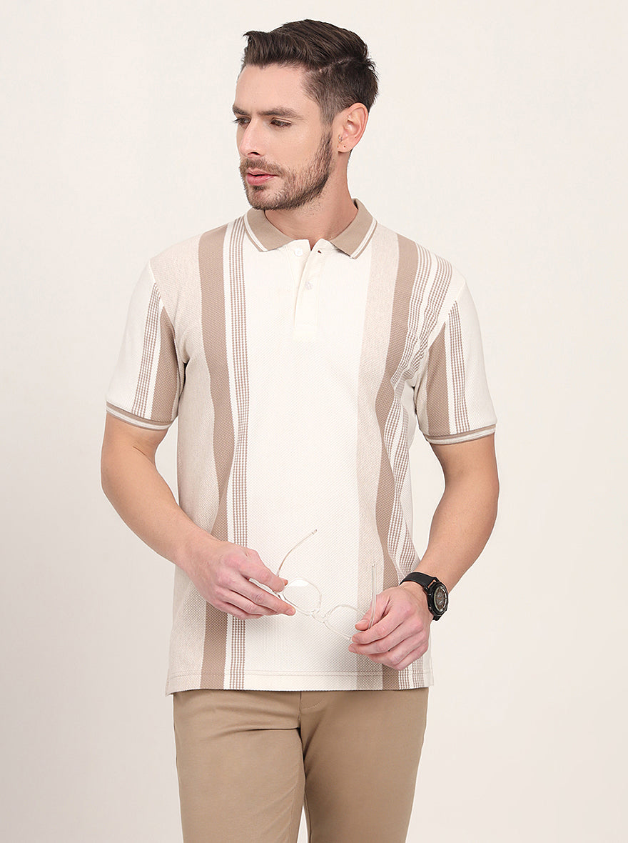 Ecru Melange & Beige Striped Slim Fit Polo T-Shirt | JadeBlue