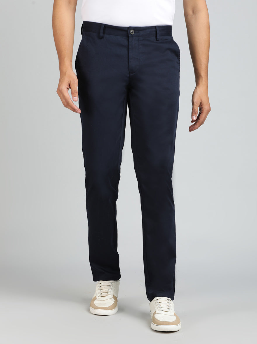 Navy Blue Solid Uno Fit Casual Trouser | JadeBlue