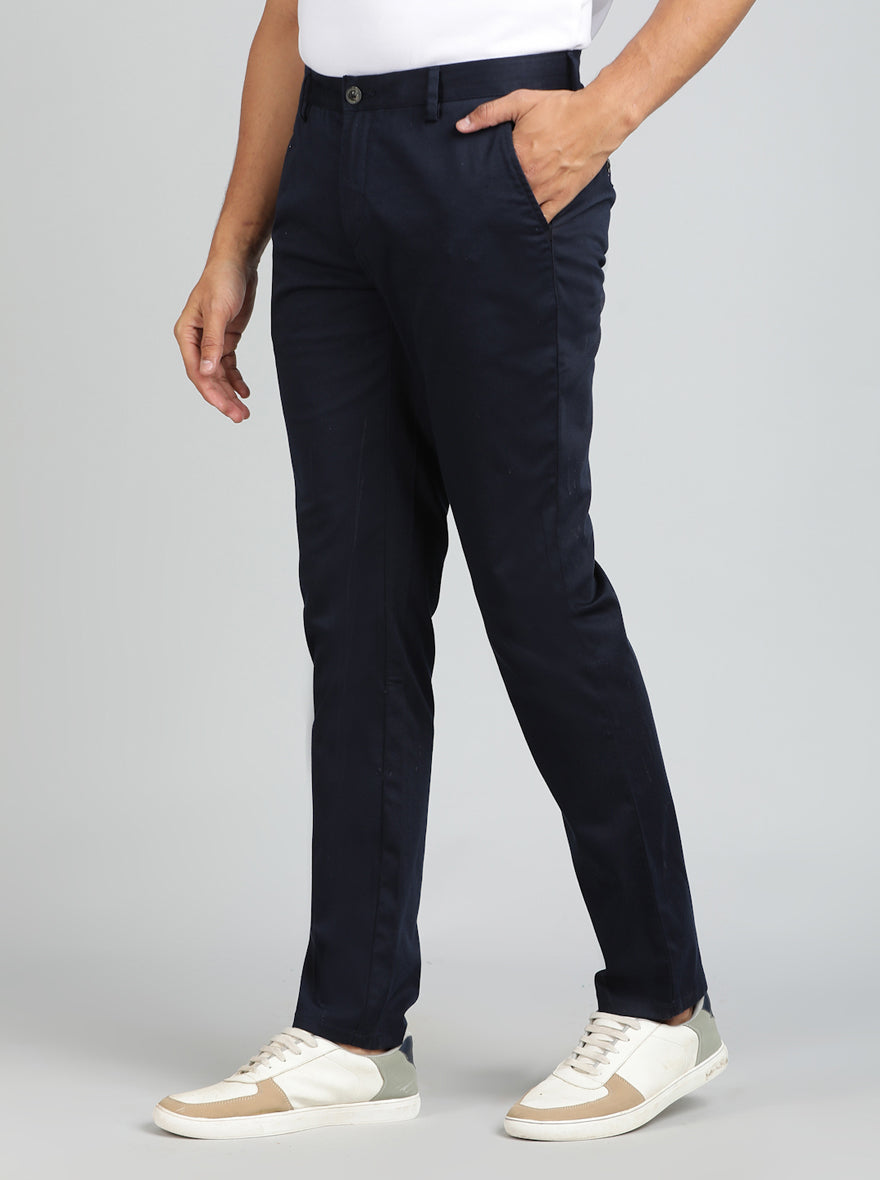 Navy Blue Solid Uno Fit Casual Trouser | JadeBlue