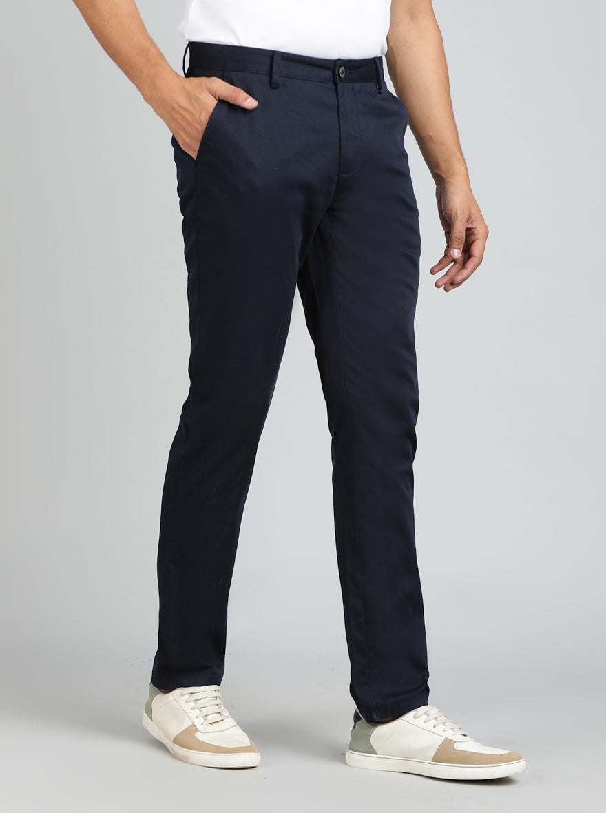 Navy Blue Solid Uno Fit Casual Trouser | JadeBlue
