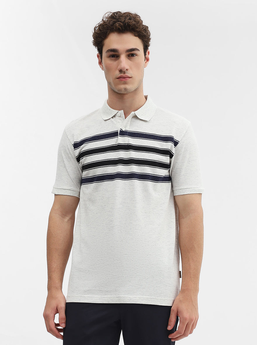 Ecru & Navy Blue Striped Slim Fit Polo T-Shirt | Greenfibre