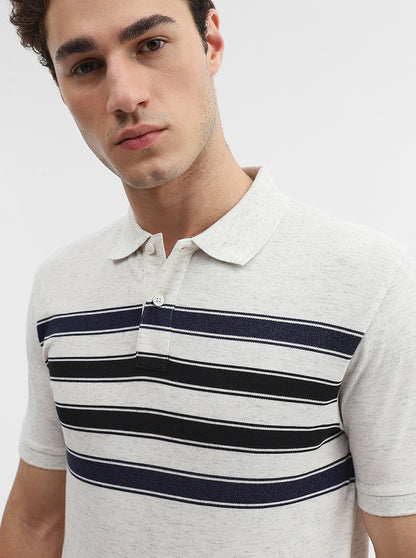 Ecru & Navy Blue Striped Slim Fit Polo T-Shirt | Greenfibre