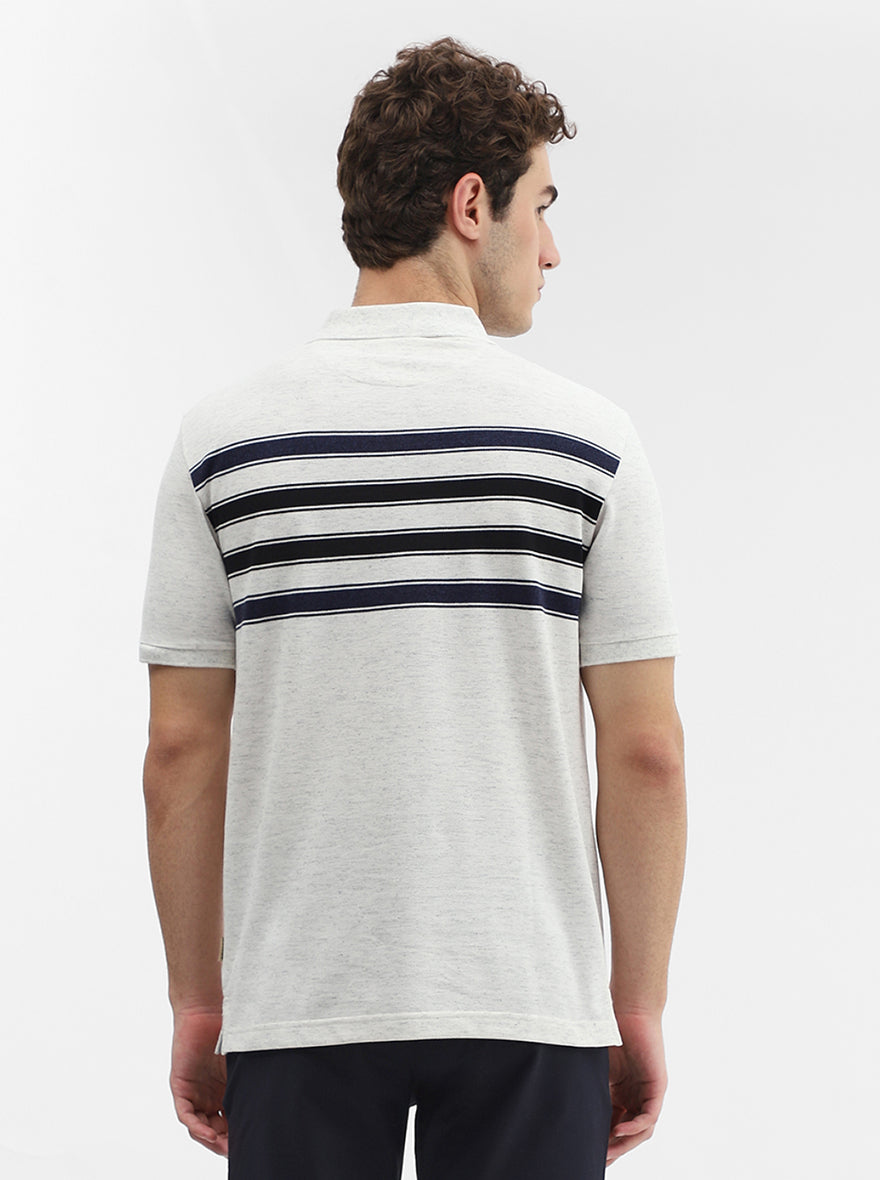 Ecru & Navy Blue Striped Slim Fit Polo T-Shirt | Greenfibre