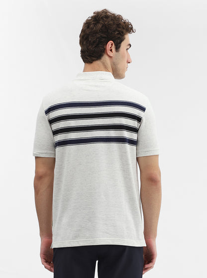 Ecru & Navy Blue Striped Slim Fit Polo T-Shirt | Greenfibre