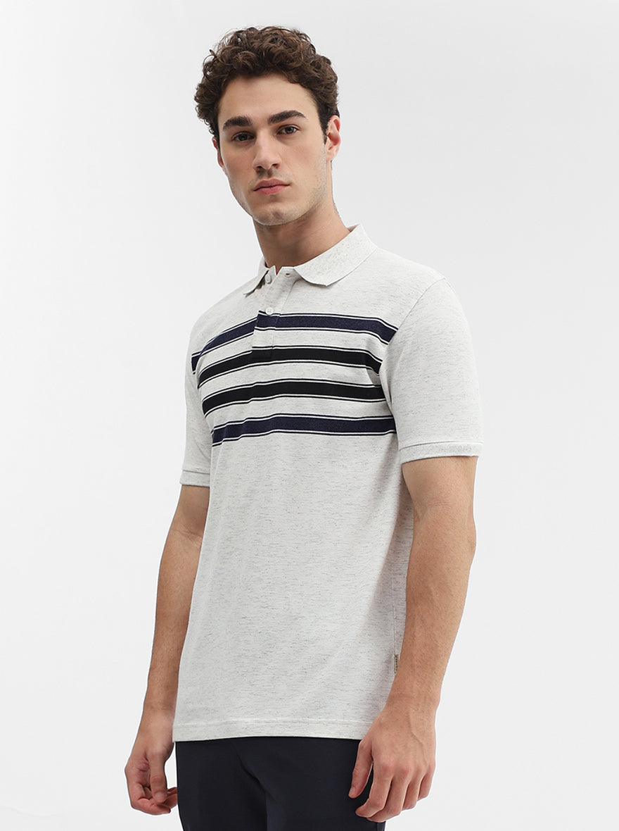 Ecru & Navy Blue Striped Slim Fit Polo T-Shirt | Greenfibre