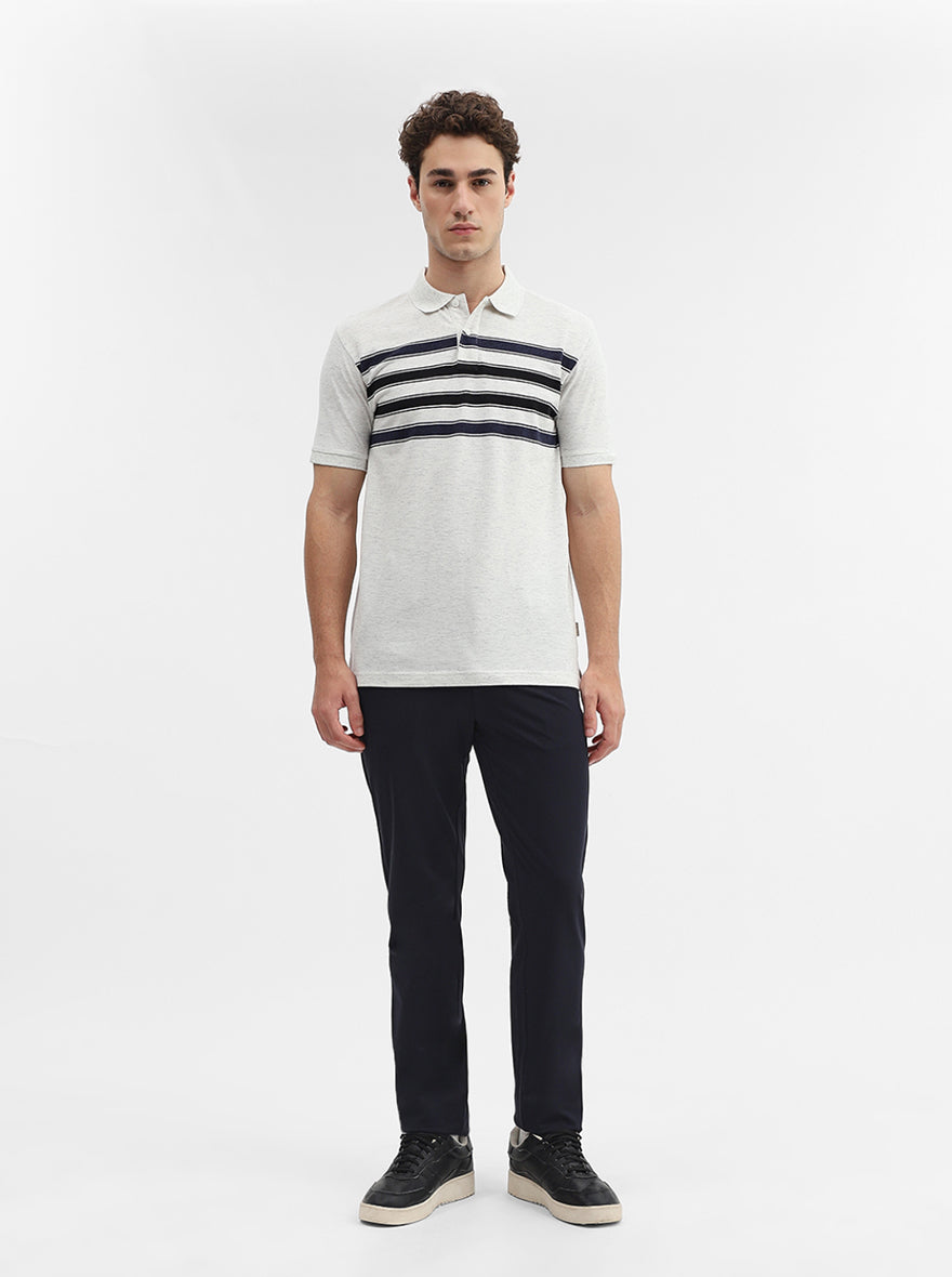 Ecru & Navy Blue Striped Slim Fit Polo T-Shirt | Greenfibre