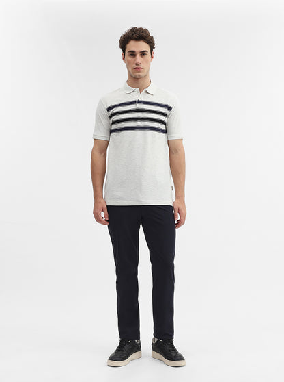 Ecru & Navy Blue Striped Slim Fit Polo T-Shirt | Greenfibre