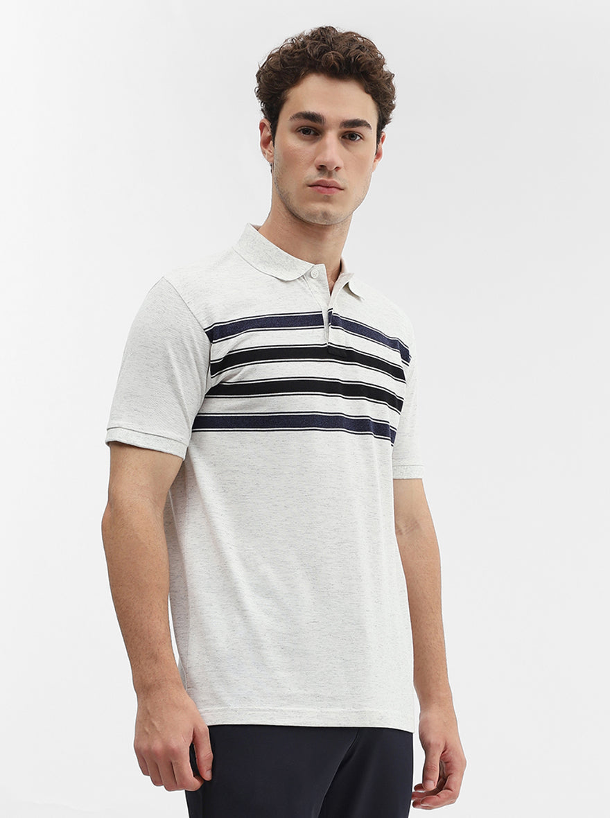 Ecru & Navy Blue Striped Slim Fit Polo T-Shirt | Greenfibre
