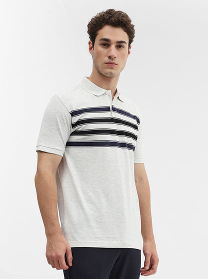 Ecru & Navy Blue Striped Slim Fit Polo T-Shirt | Greenfibre
