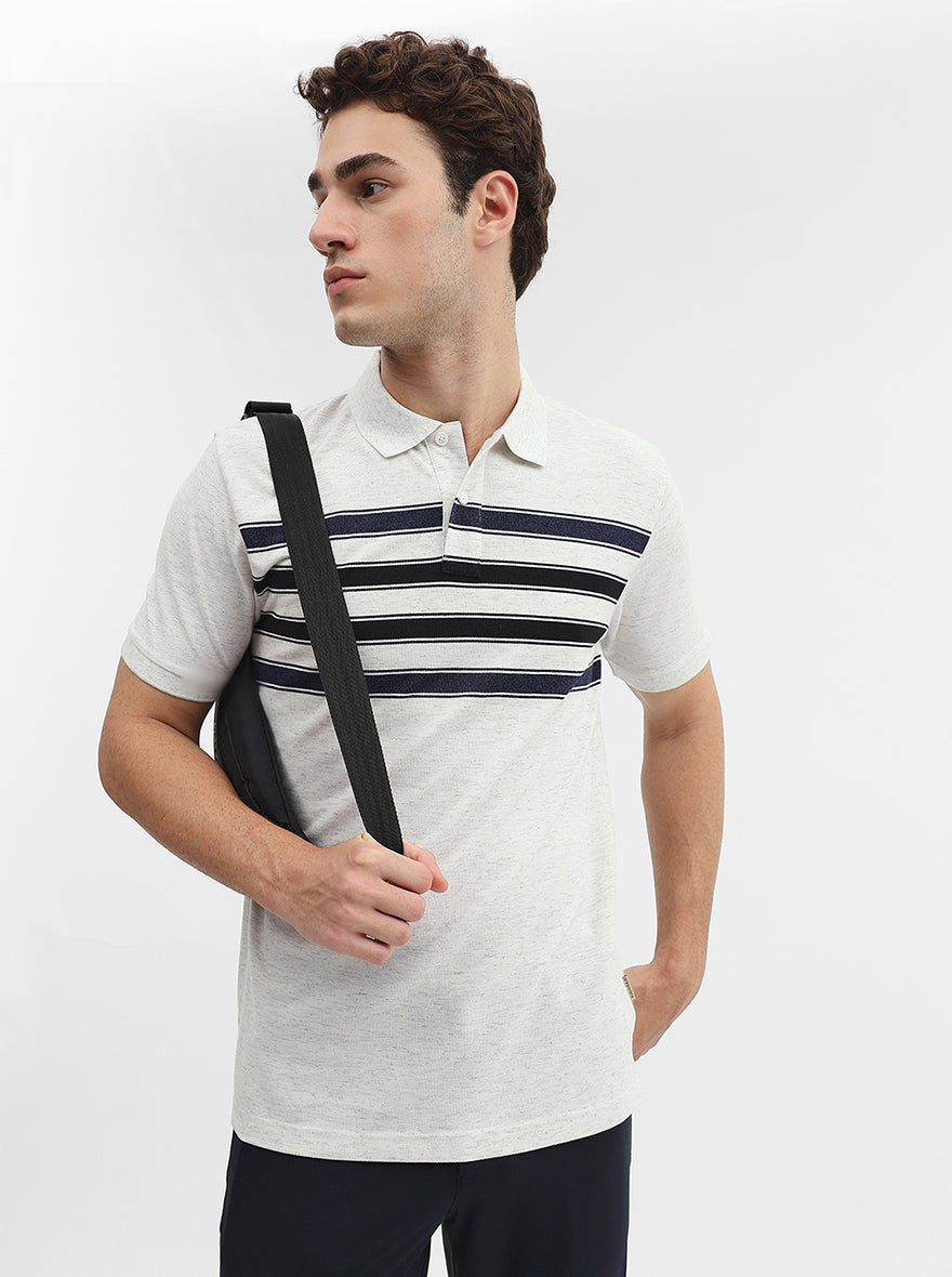 Ecru & Navy Blue Striped Slim Fit Polo T-Shirt | Greenfibre