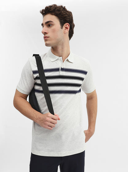 Ecru & Navy Blue Striped Slim Fit Polo T-Shirt | Greenfibre