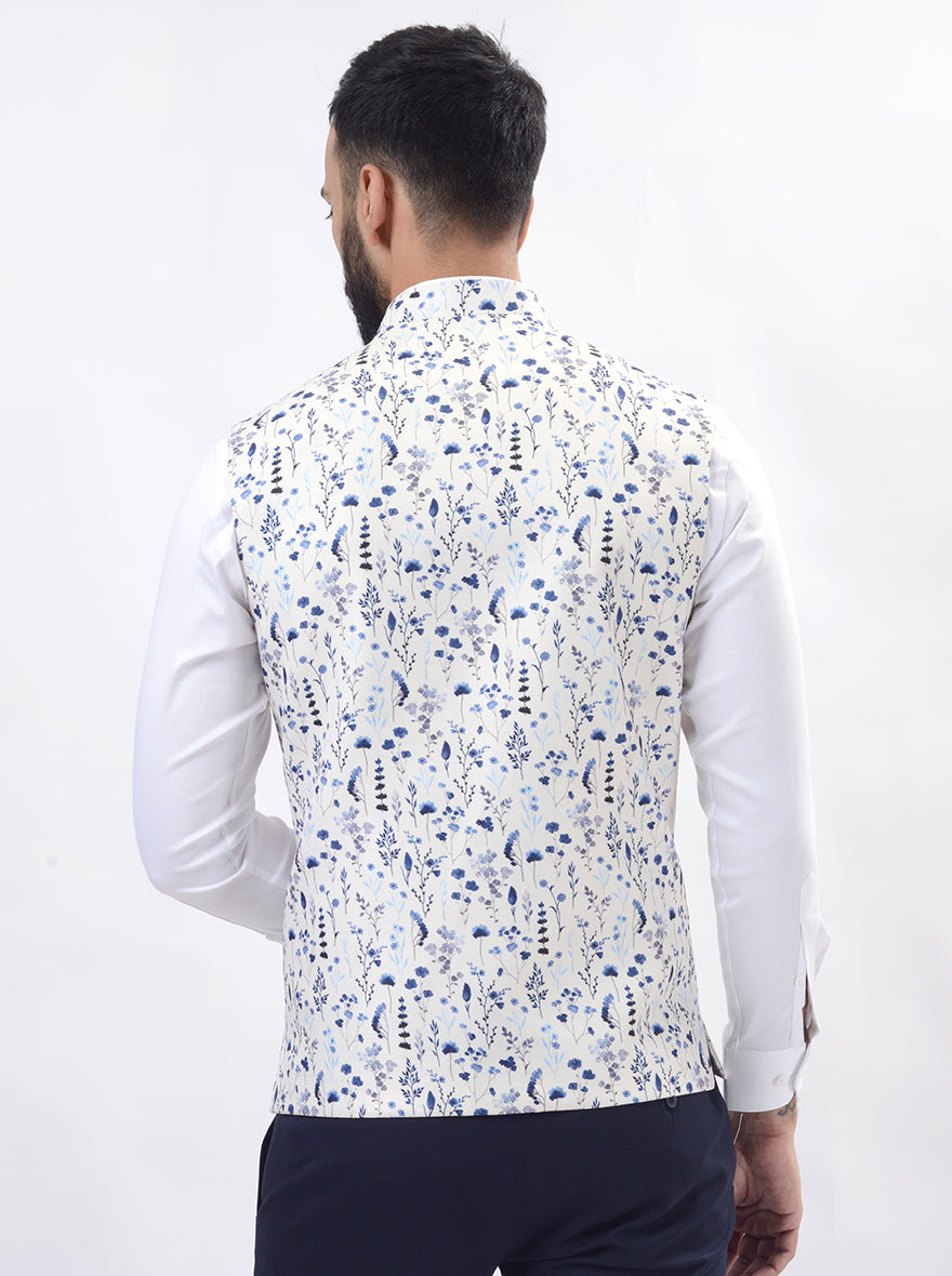 Light Blue Printed Regular Fit Bandhgala Jacket | Greenfibre