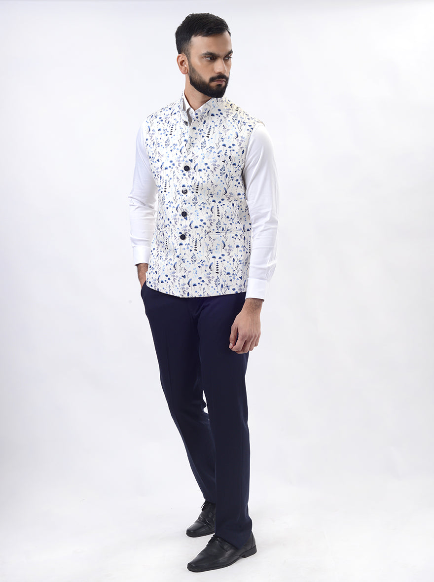 Light Blue Printed Regular Fit Bandhgala Jacket | Greenfibre