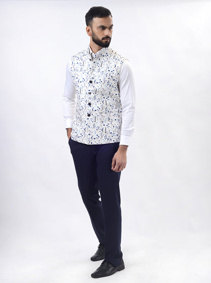 Light Blue Printed Regular Fit Bandhgala Jacket | Greenfibre