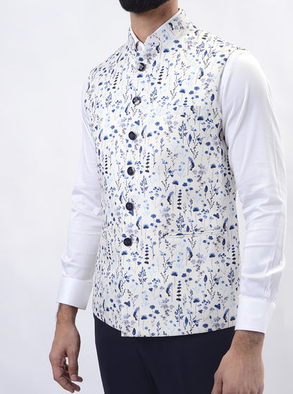 Light Blue Printed Regular Fit Bandhgala Jacket | Greenfibre