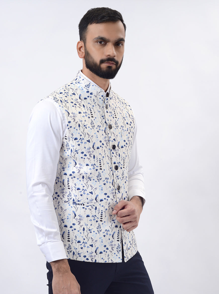 Light Blue Printed Regular Fit Bandhgala Jacket | Greenfibre