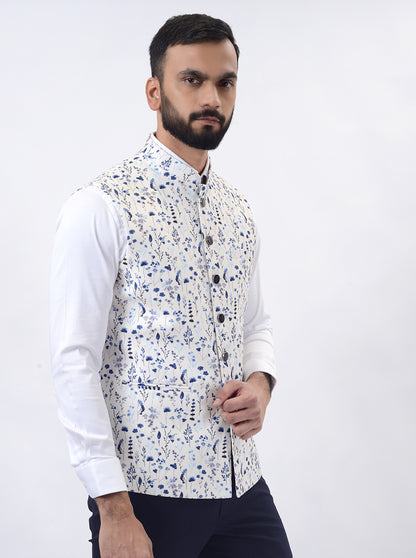 Light Blue Printed Regular Fit Bandhgala Jacket | Greenfibre