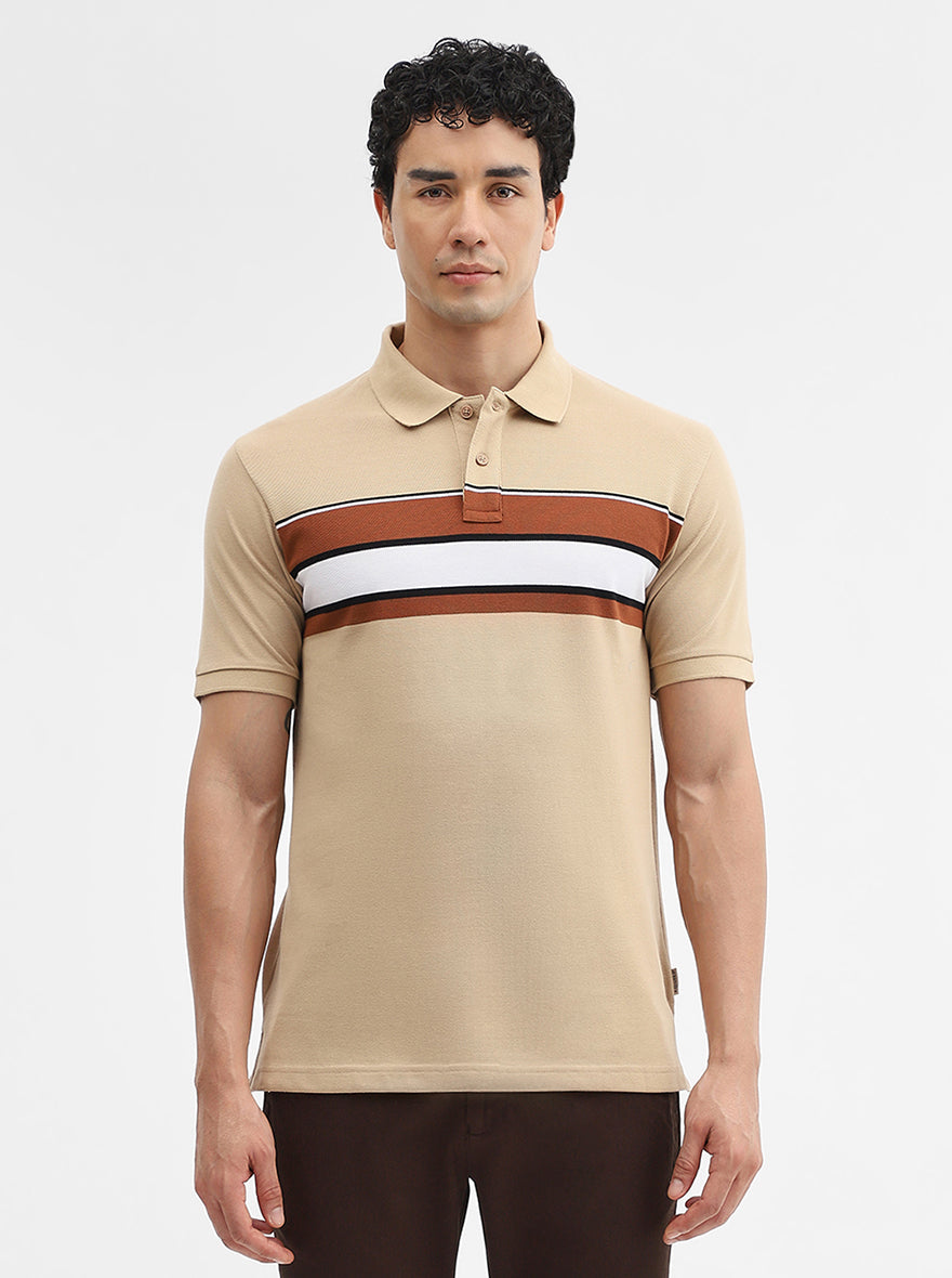 Khaki & Brown Striped Slim Fit Polo T-Shirt | Greenfibre