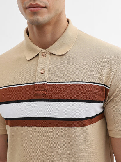 Khaki & Brown Striped Slim Fit Polo T-Shirt | Greenfibre
