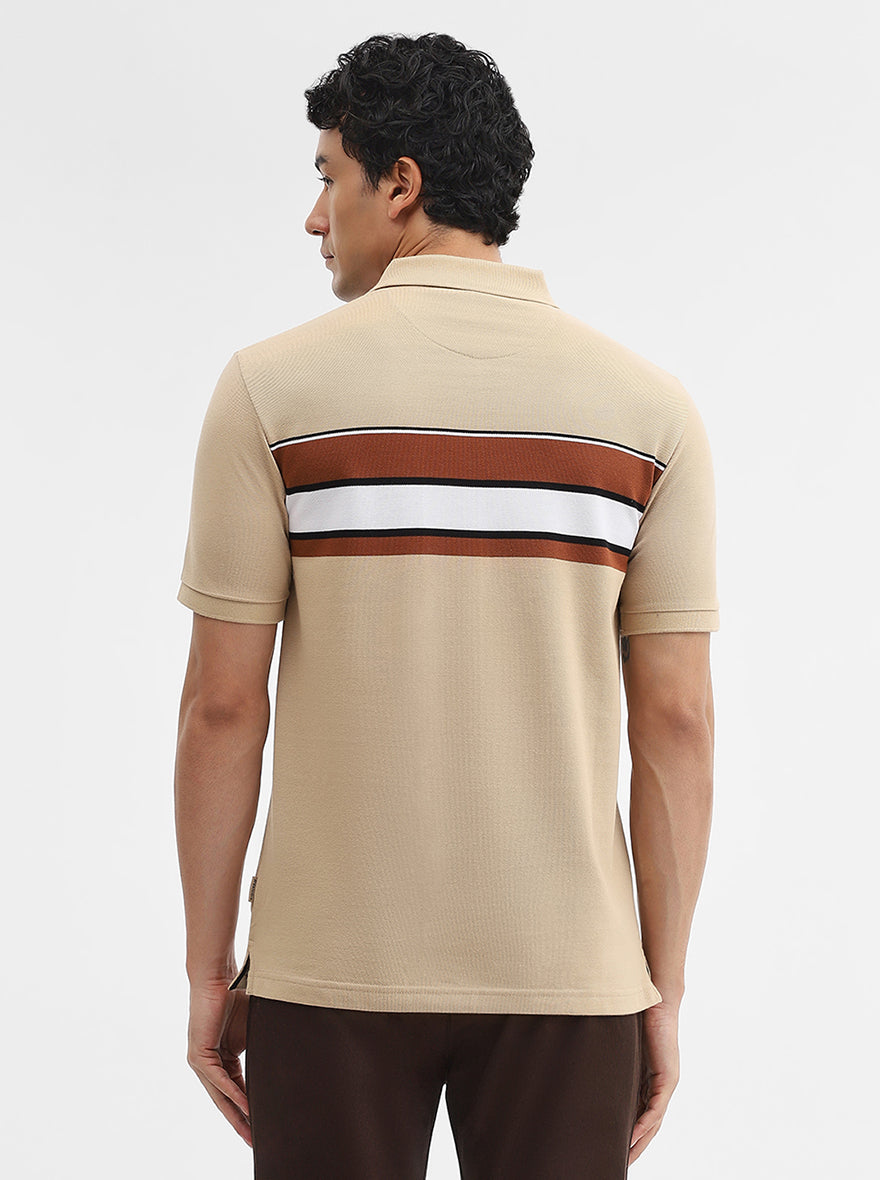 Khaki & Brown Striped Slim Fit Polo T-Shirt | Greenfibre